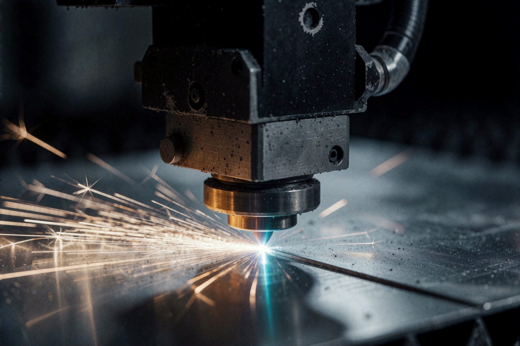 Fiber laser cutting head mid-cut on aluminium sheet