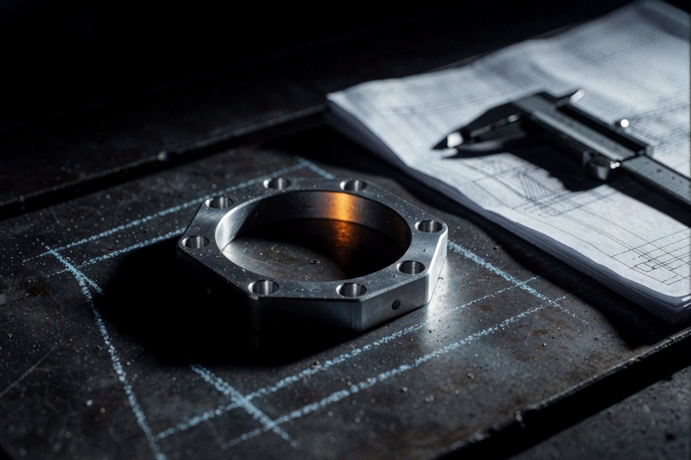 Laser-cut aluminium bracket on a steel bed with calipers