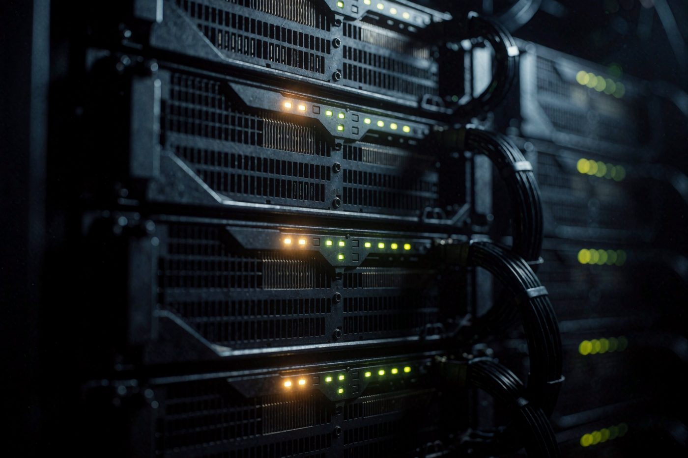 GPU servers in a darkened equipment room