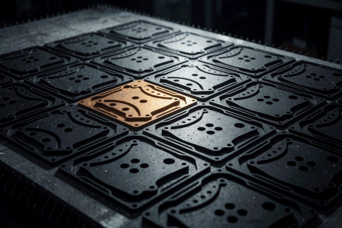 Nested steel parts on a cutting bed viewed from above