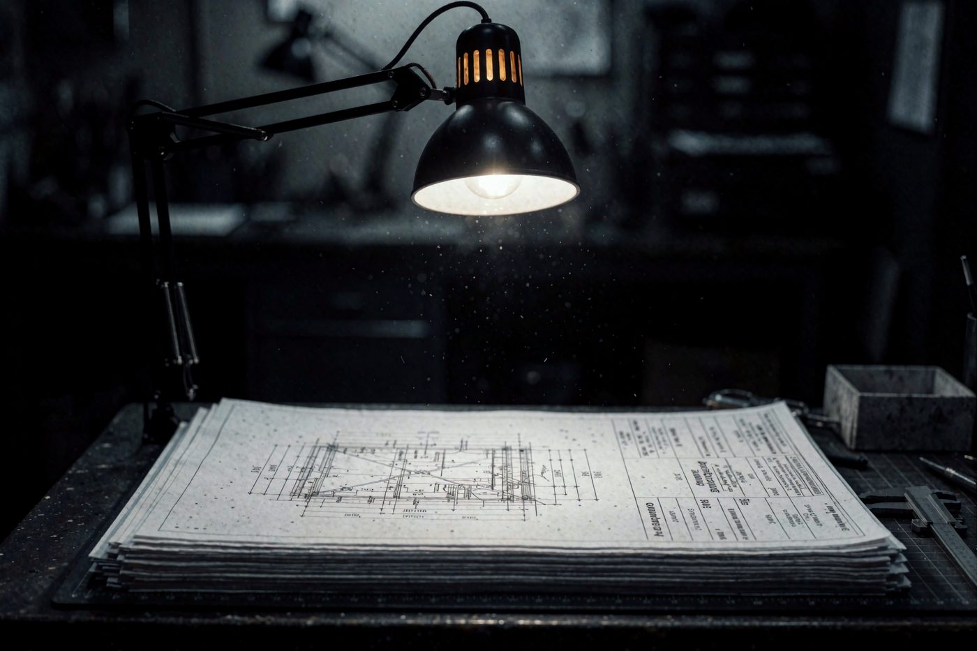 Engineering drawings under a desk lamp on a dark workbench